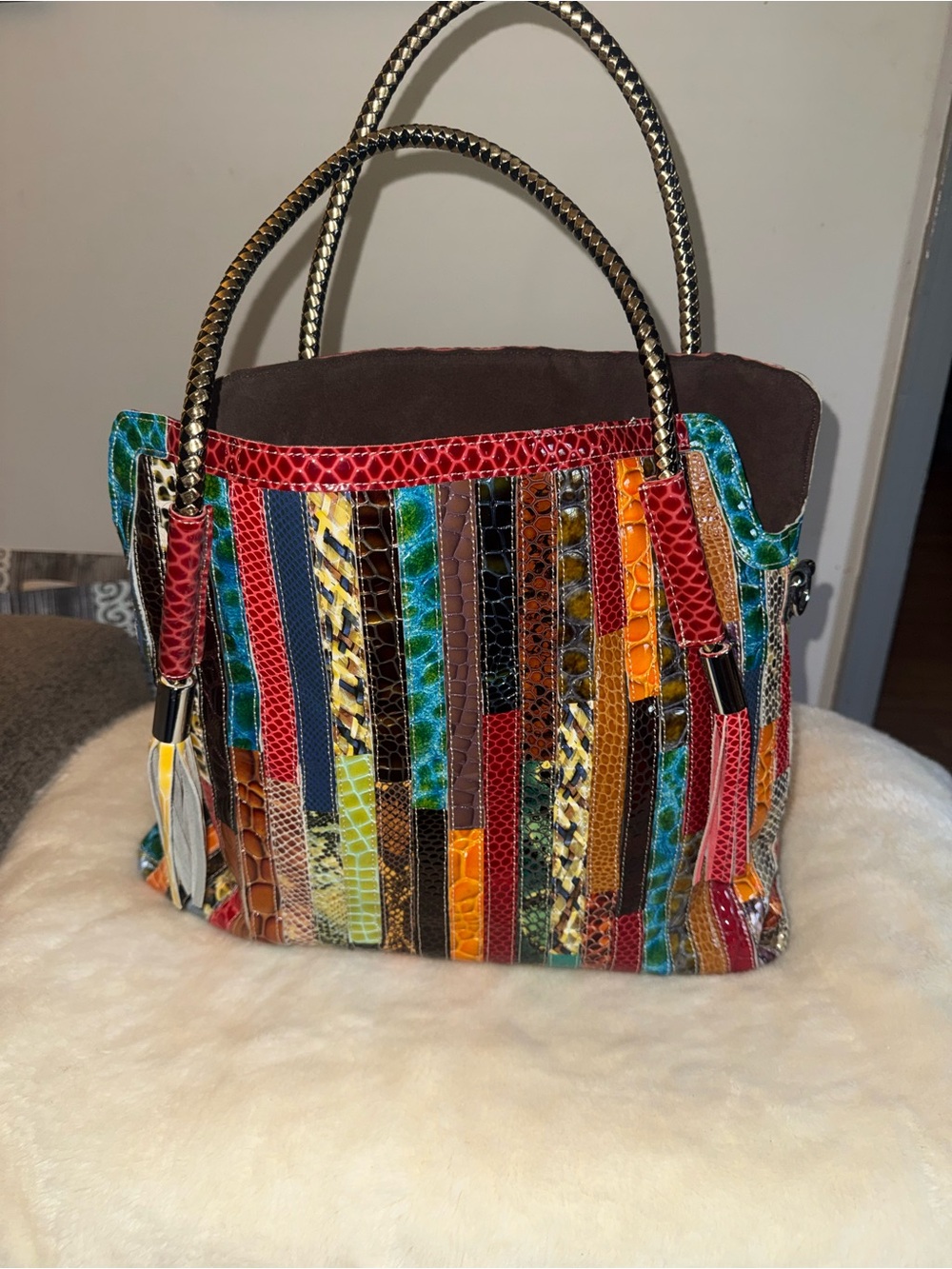 Colorful Multi-Panel Women's Leather Tote Bag - Vibrant Stripe Design